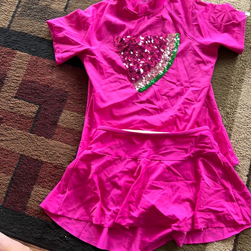 Lands' End Hot Pink Girls' Sequin Watermelon Rashguard Set